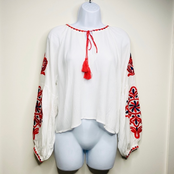 White / Red Embroidered Bohemian Smock Top with Tassel - Picture 2 of 6